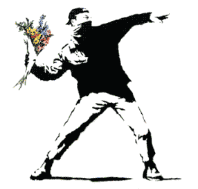Banksy grafitti of a terrorist throwing a flower bouquet like a petrol bomb